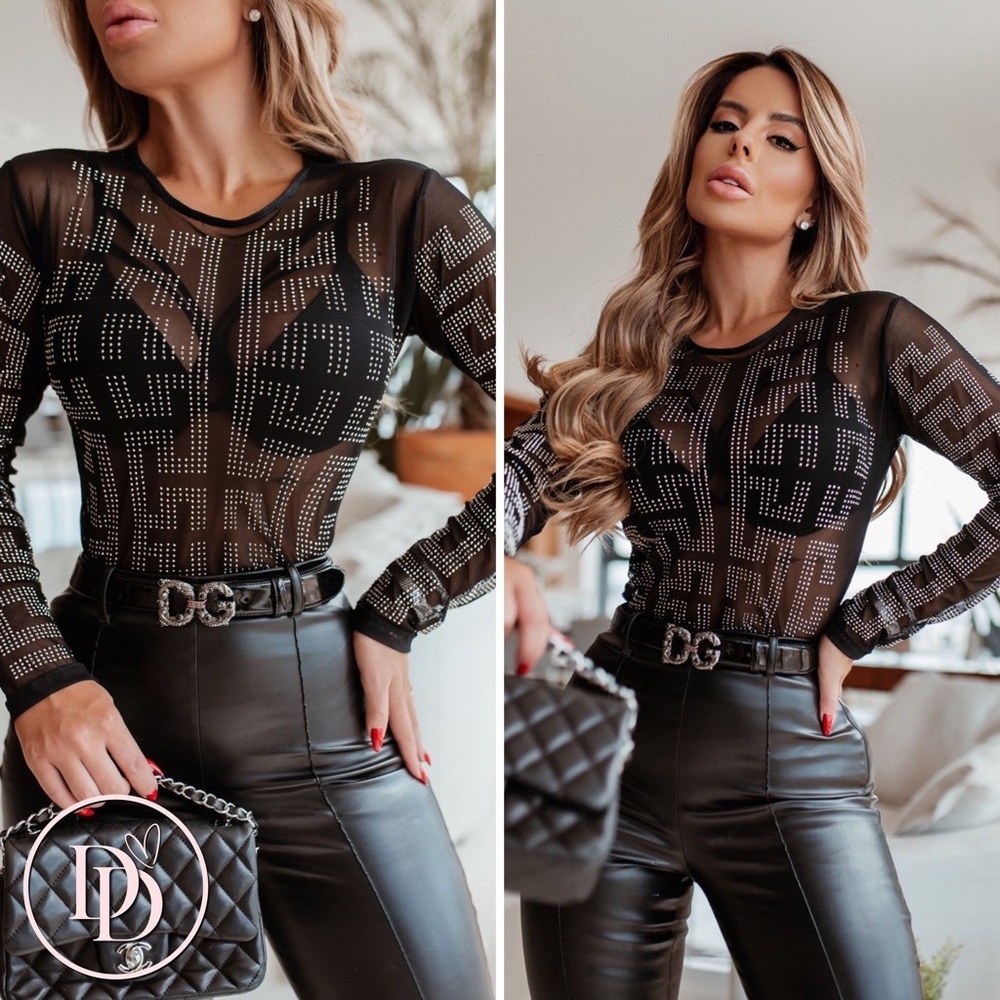 Andrea sheer mesh Greek pattern bodysuit